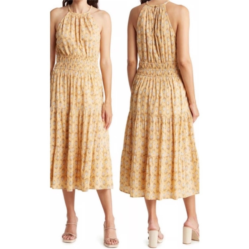 Anthropologie dRA Yellow Metallic Floral Smocked Halter Tiered Midi Dress - XS